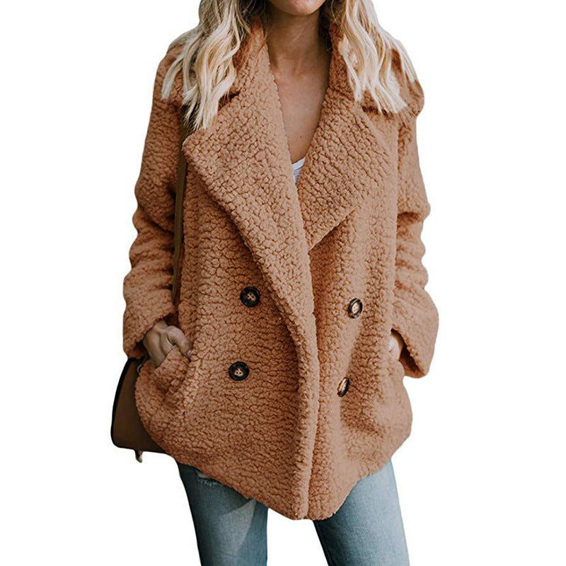 Women’s Plush Pocketed Coat with Lapel Design