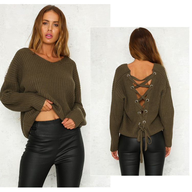 Fall Fashion Women’s Knit Sweater with Cross Back Design
