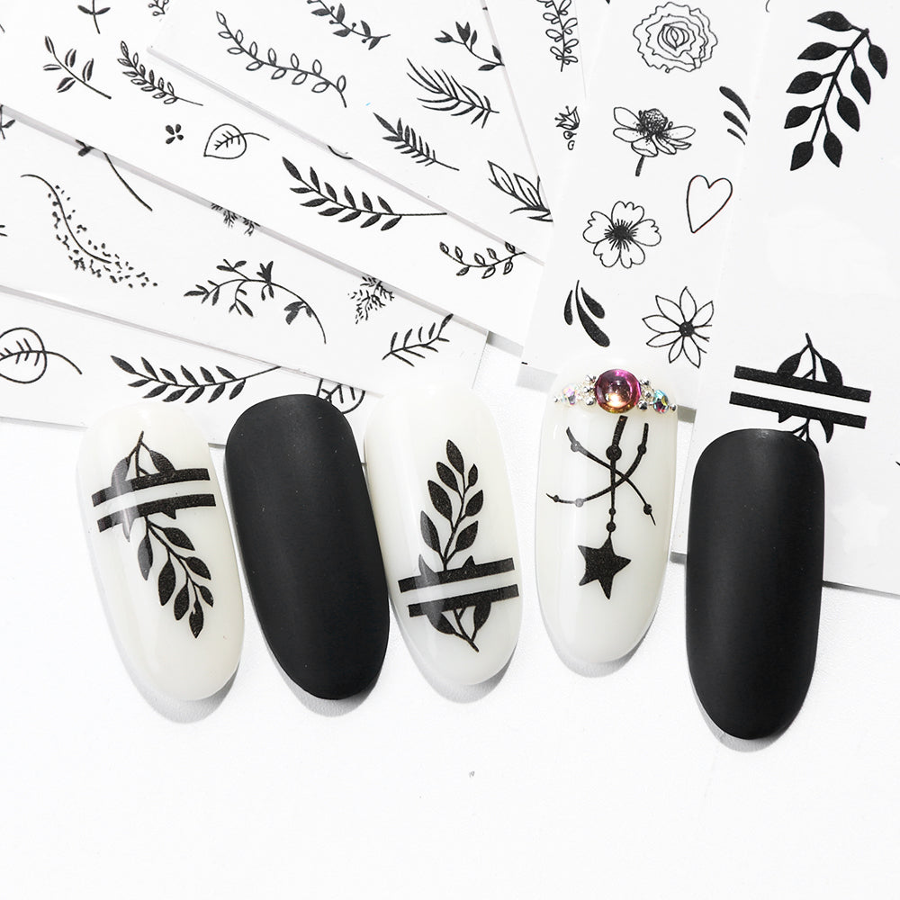 Nail Art Water Transfer Stickers - Black Floral & Stars