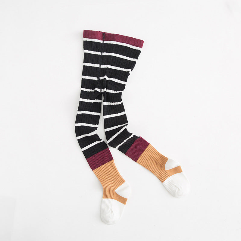 Striped Color Block Cotton Tights for Girls