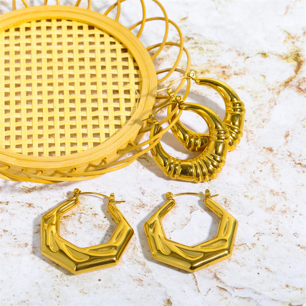 French Style Minimalist Bamboo Hoop Earrings in Titanium Steel
