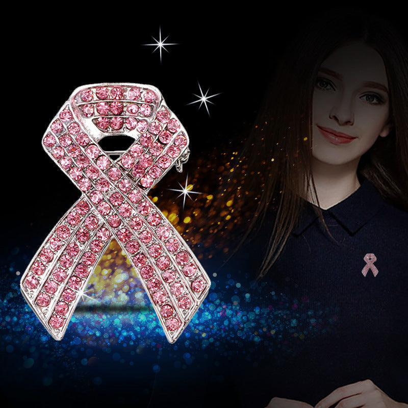 Korean Fashion Rhinestone Brooch with Pink Ribbon