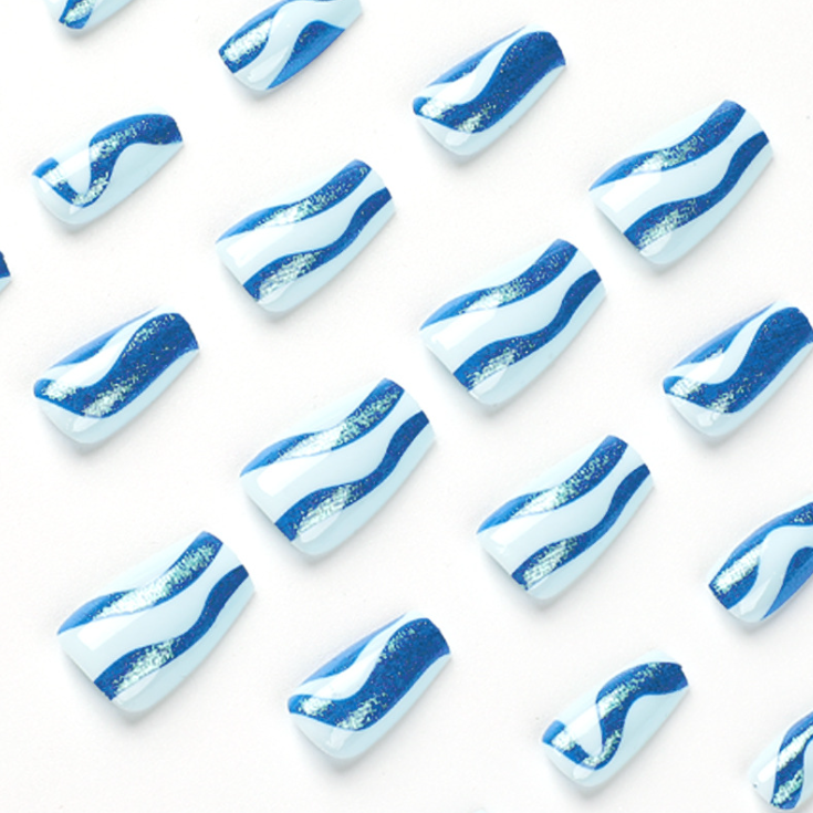 Wearable Short Ballet Blue Glitter Wave Nail Patch