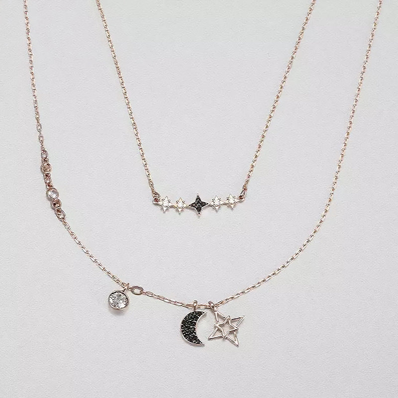 Swarovski Crystal Fashion Layered Star & Moon Necklace