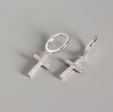 S925 Silver Cross Stud Earrings with Diamonds