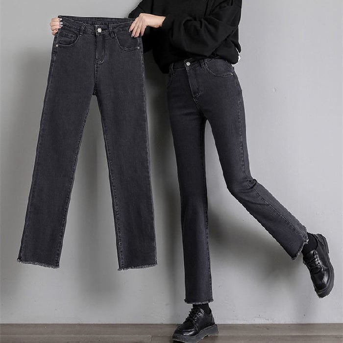 Cropped High Waist Slim Black Straight-leg Jeans