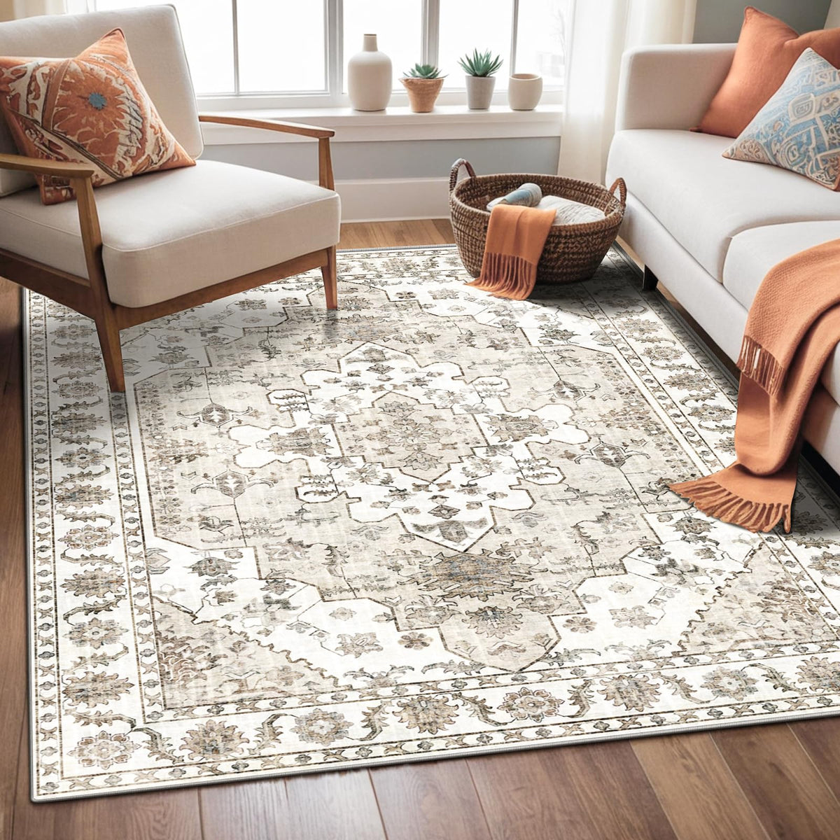 Roseek Area Rugs 4x6 Washable Rugs for Living Room Non-Slip Rug Boho Medallion Rug Distressed Carpet Low Pile Boho Rugs for Bedroom Dining Room