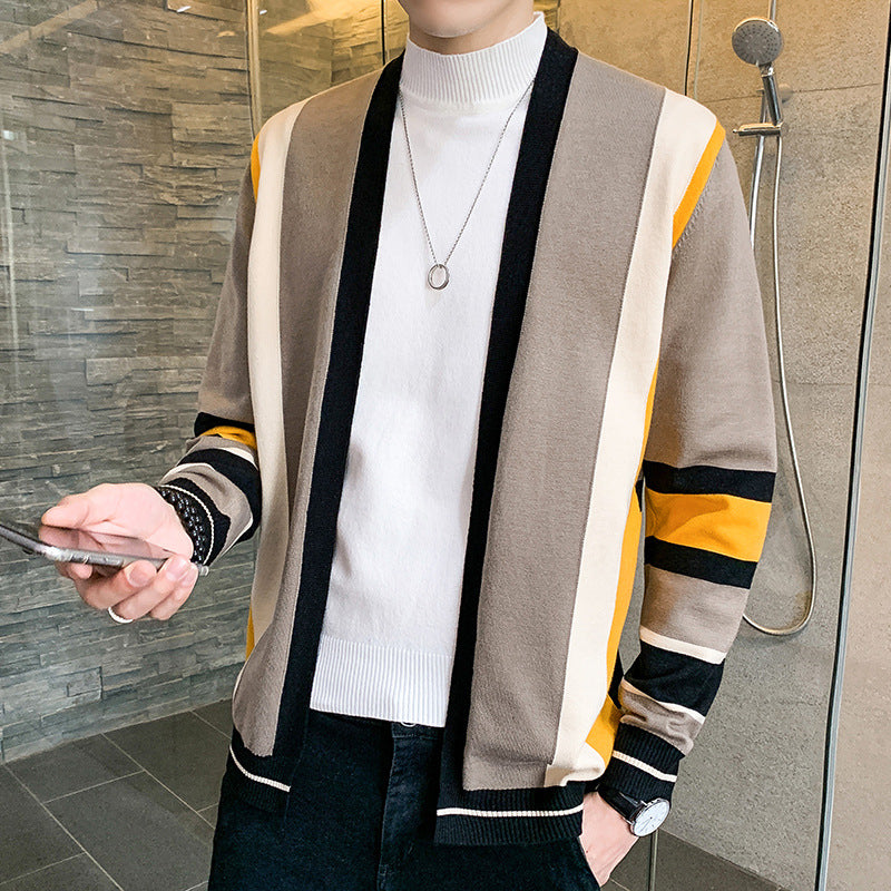Men's Fashion Color-block Striped Knit Cardigan