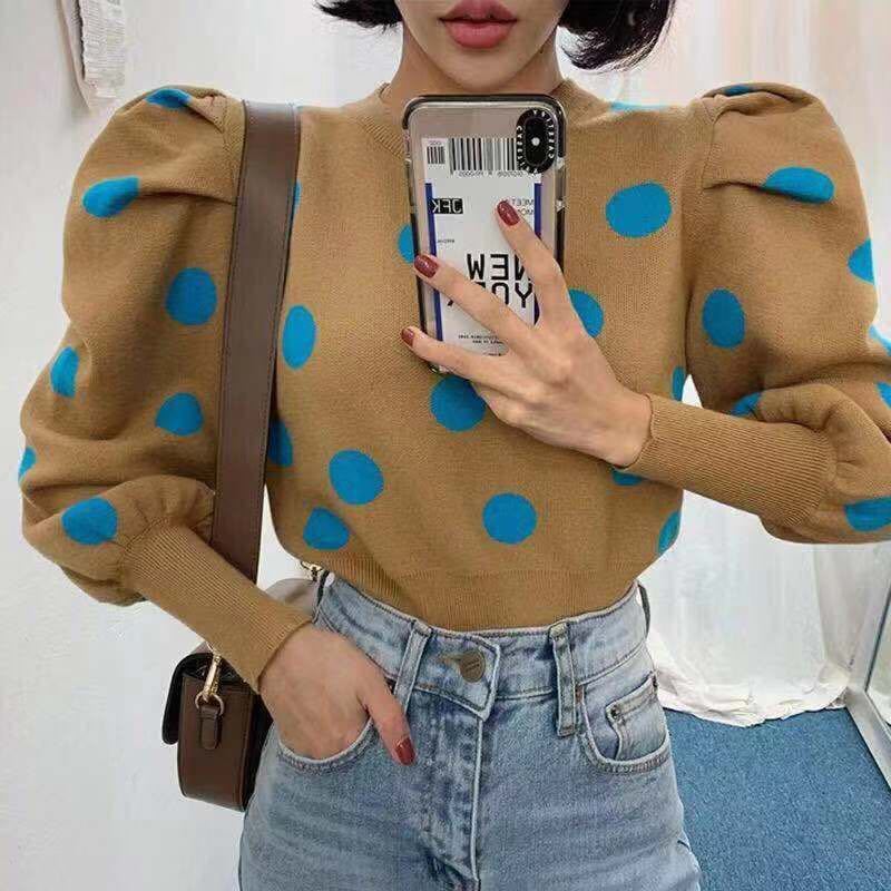 2020 Fall Women’s Bubble Sleeve Polka Dot Knit Sweater