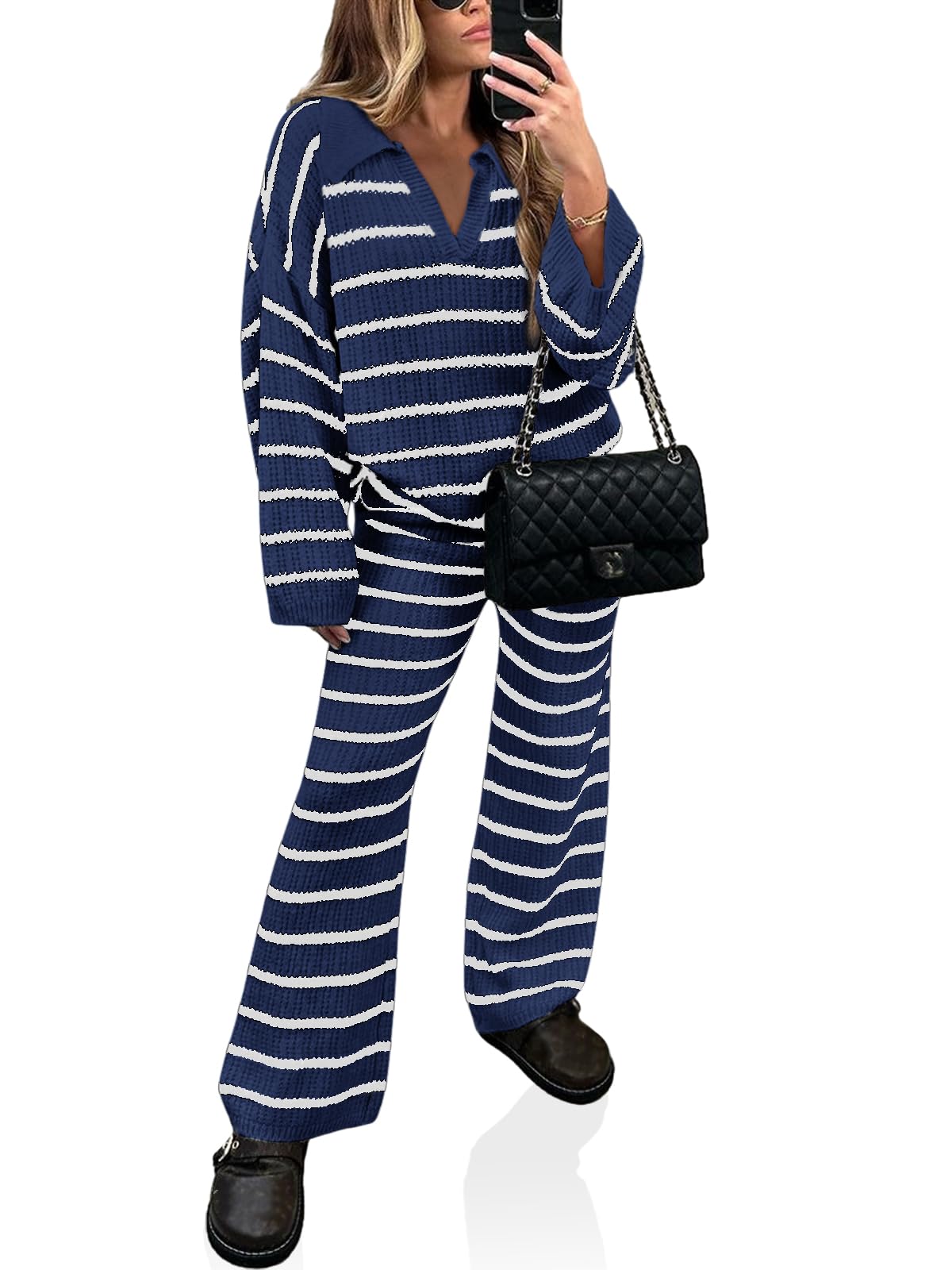 Yousify Sweater Sets Women 2 Piece Clothing Set V Neck Striped Two Piece Sweater Sets Dark Blue 2XL