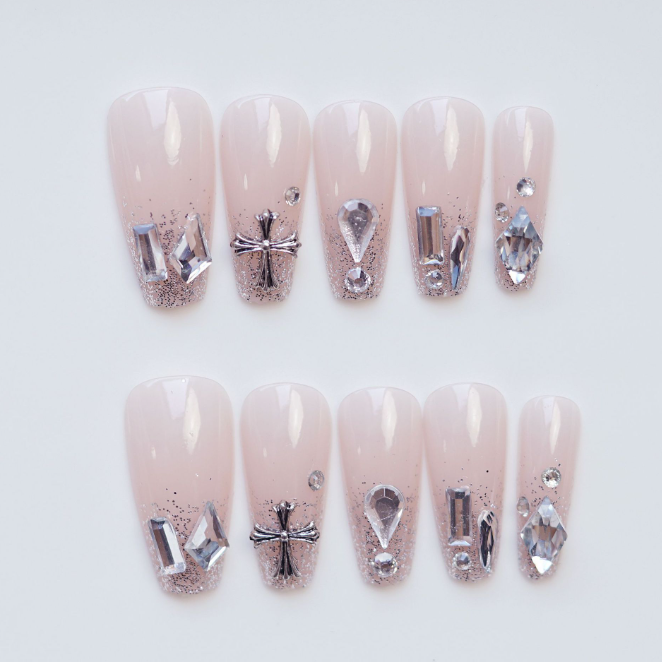 Broken Diamond Baroque Style Fake Nail Pieces - Pink