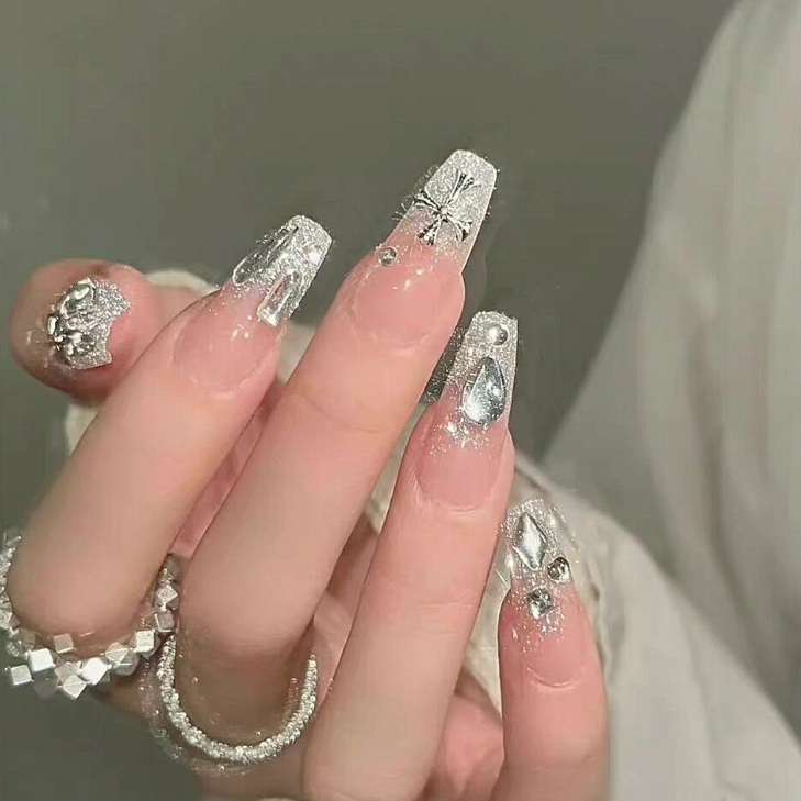 Broken Diamond Baroque Style Fake Nail Pieces - Pink