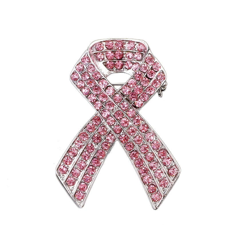 Korean Fashion Rhinestone Brooch with Pink Ribbon