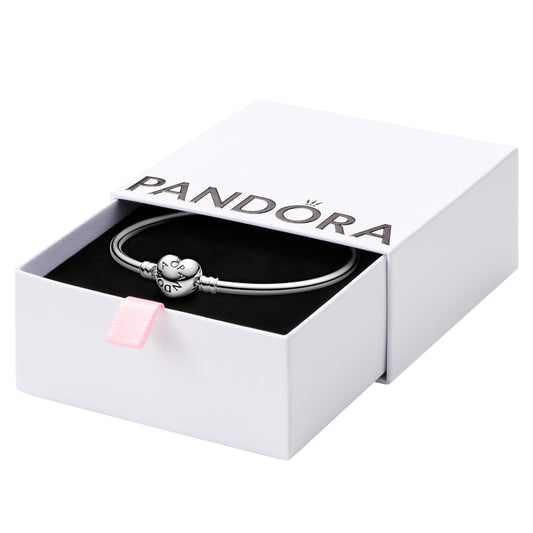 PANDORA Jewelry Bangle with Heart Clasp - Compatible Moments Charms - Sterling Silver Bracelet - Comes with Gift Box - 8.3"