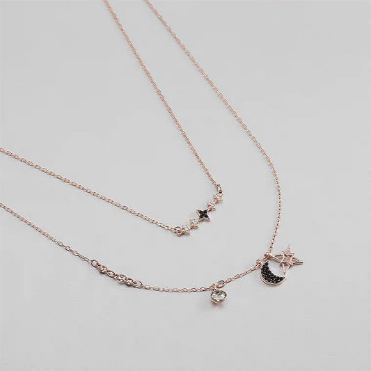 Swarovski Crystal Fashion Layered Star & Moon Necklace