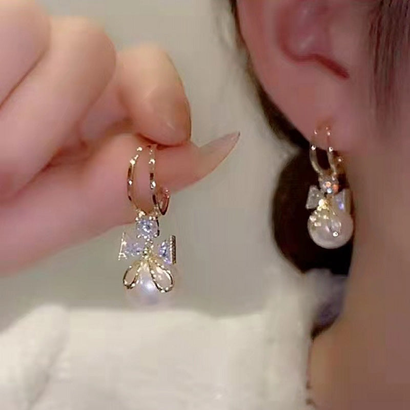 Luxury Diamond Pearl Bow Earrings for Women’s Events
