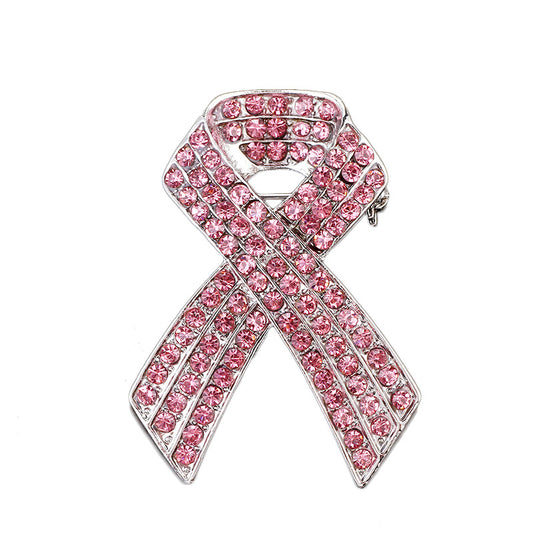 Korean Fashion Rhinestone Brooch with Pink Ribbon