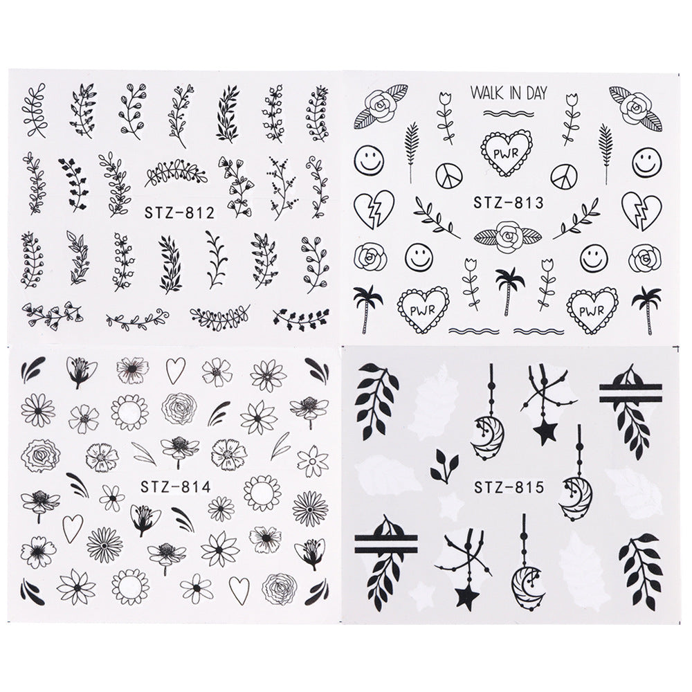 Nail Art Water Transfer Stickers - Black Floral & Stars