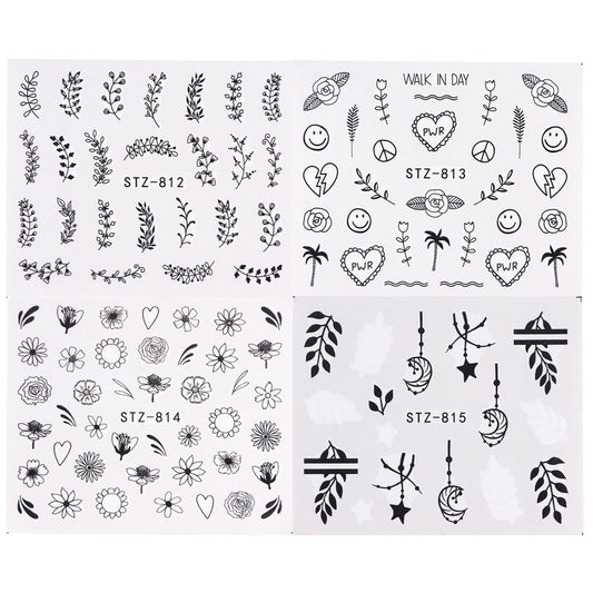 Nail Art Water Transfer Stickers - Black Floral & Stars