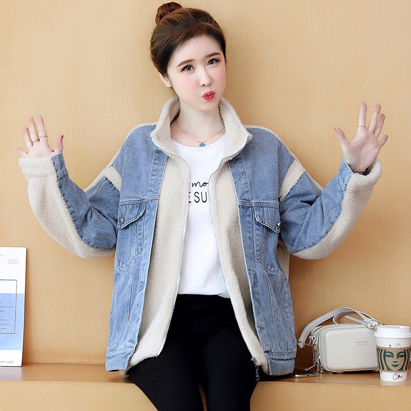 Women’s Denim Stitching Lamb Wool Coat for Fall/Winter