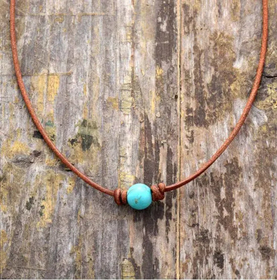 Natural Stone Turquoise Leather Woven Necklace