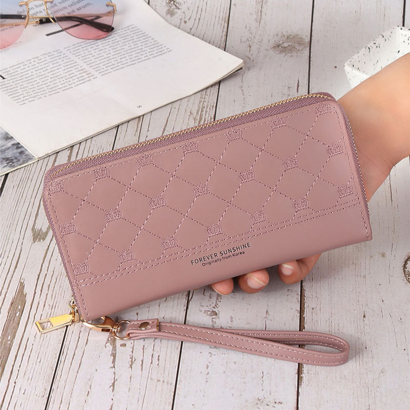 Long Crown Embroidery Women’s Single Zip Clutch Wallet