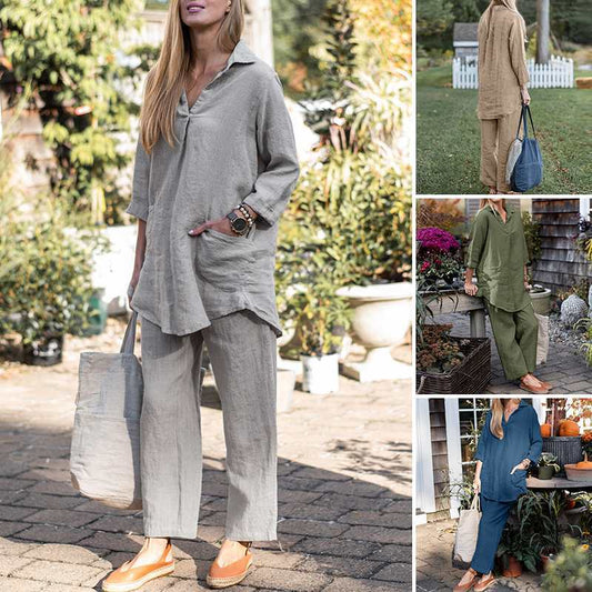 2023 Elegant Casual Loose Shirt and Wide Leg Pants Set