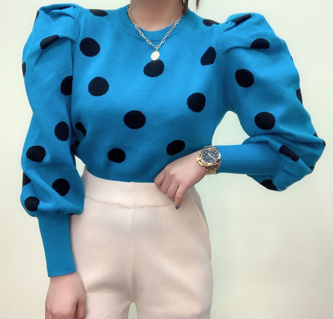 2020 Fall Women’s Bubble Sleeve Polka Dot Knit Sweater