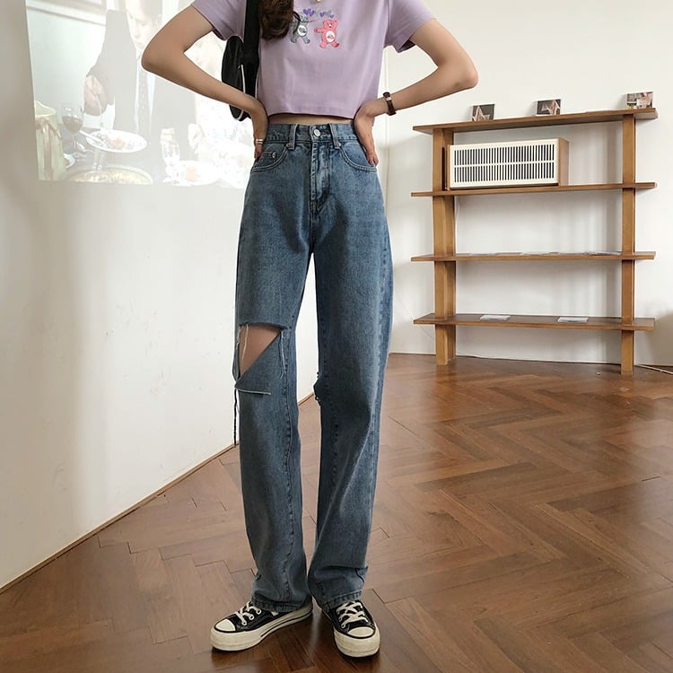 Women's Summer High Waist Ripped Loose Jeans
