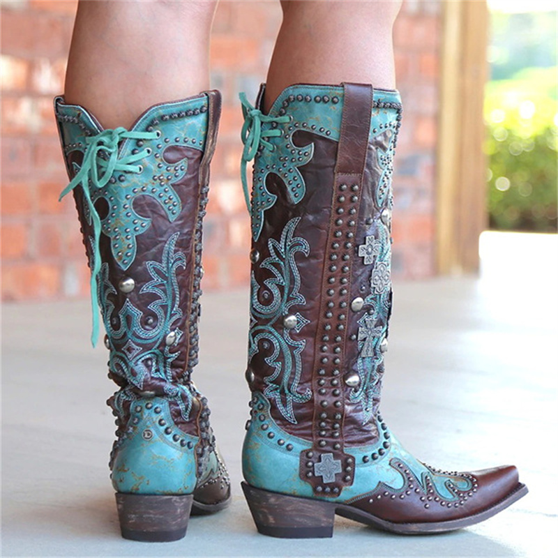 Chic Embroidered Lace-Up Mid-Calf Boots with Bold Thick Heels for Women