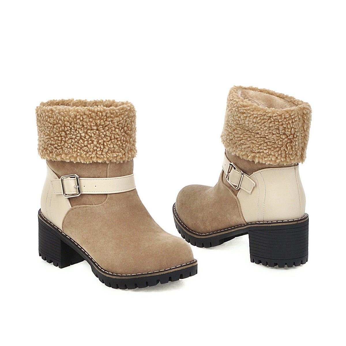 Women's Round Toe Short Boots with Thick Heel and Buckle