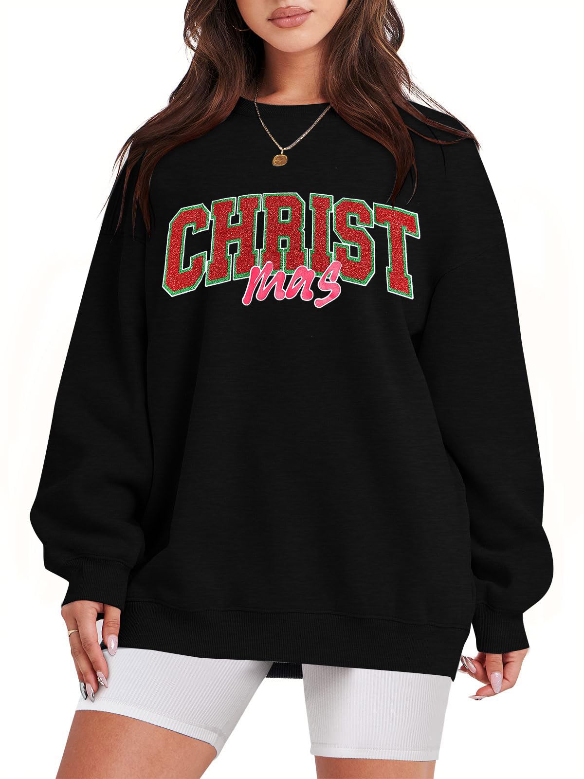 FASHGL Christmas Sweatshirts Women Sequin Sweaters - Ugly Christmas Sweater Christmas Letter Print Long Sleeve Pullover Black