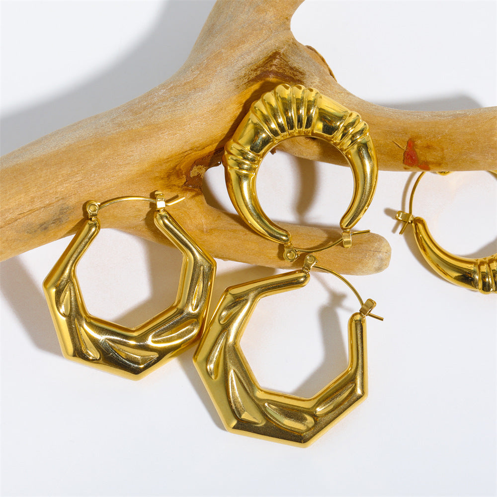 French Style Minimalist Bamboo Hoop Earrings in Titanium Steel