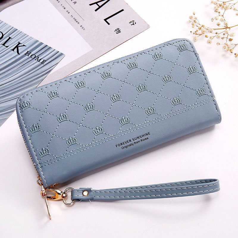 Long Crown Embroidery Women’s Single Zip Clutch Wallet