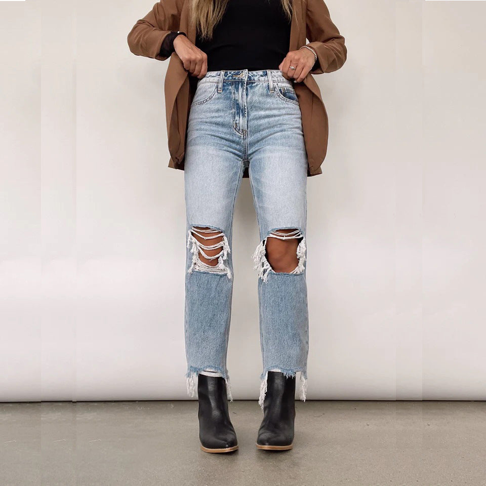 Retro High-Waisted Ripped Straight Leg Jeans for Women