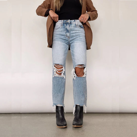 Retro High-Waisted Ripped Straight Leg Jeans for Women