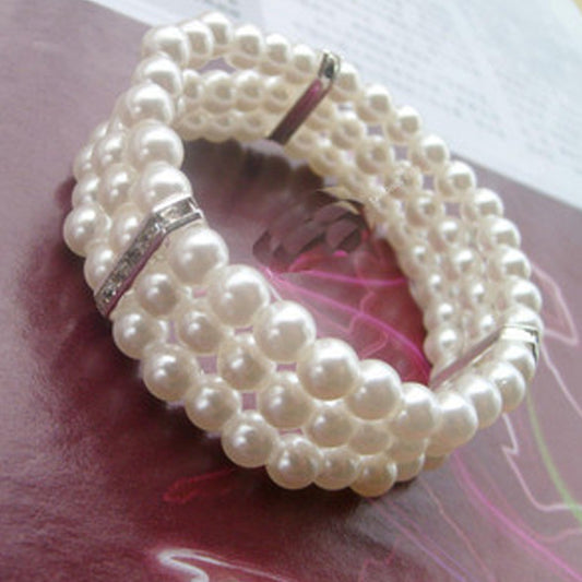 Fashion OL Three-Layer Rhinestone Pearl Bracelet