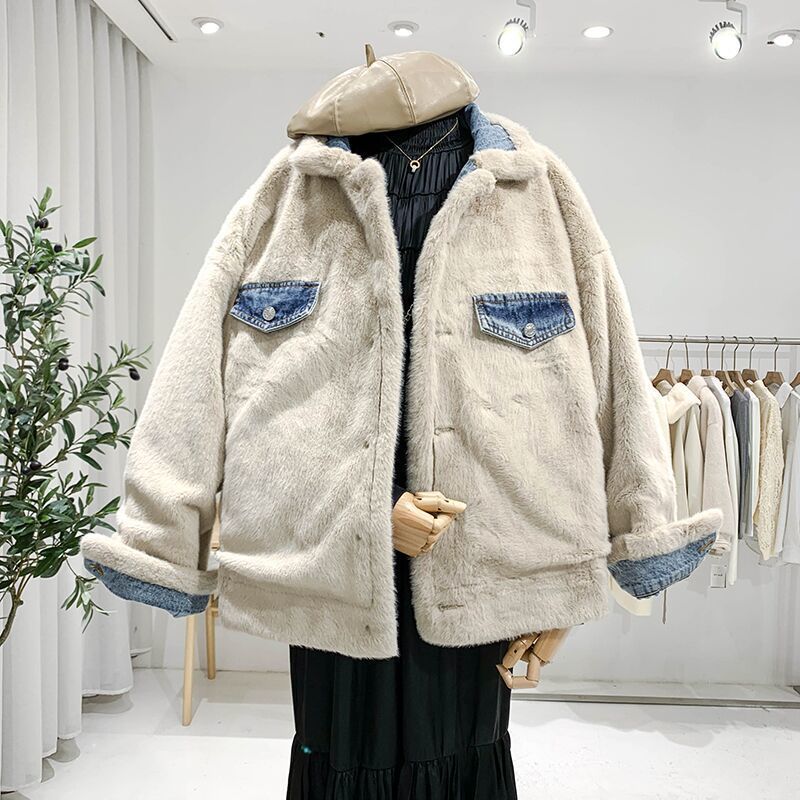 Women’s Denim Stitching Lamb Wool Coat for Fall/Winter