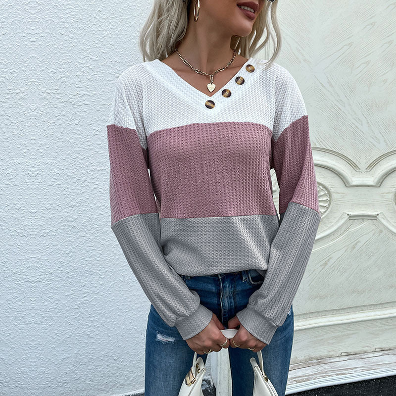 Women’s V-neck Color Block Waffle Knit Pullover