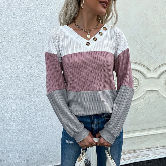 Women’s V-neck Color Block Waffle Knit Pullover
