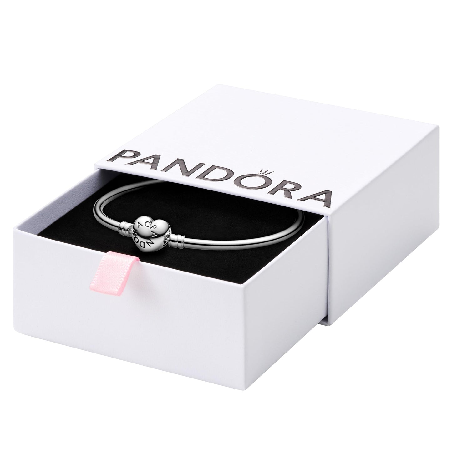PANDORA Jewelry Bangle with Heart Clasp - Compatible Moments Charms - Sterling Silver Bracelet - Comes with Gift Box - 8.3"