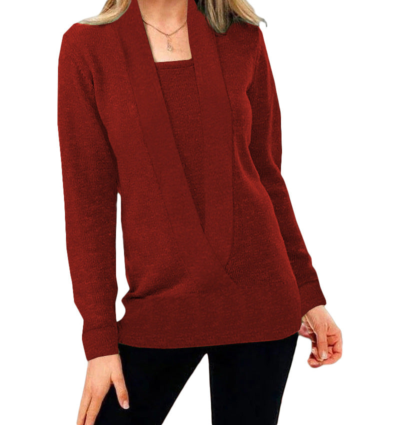 Women’s Knitted Solid Color Deep V-neck Sweater