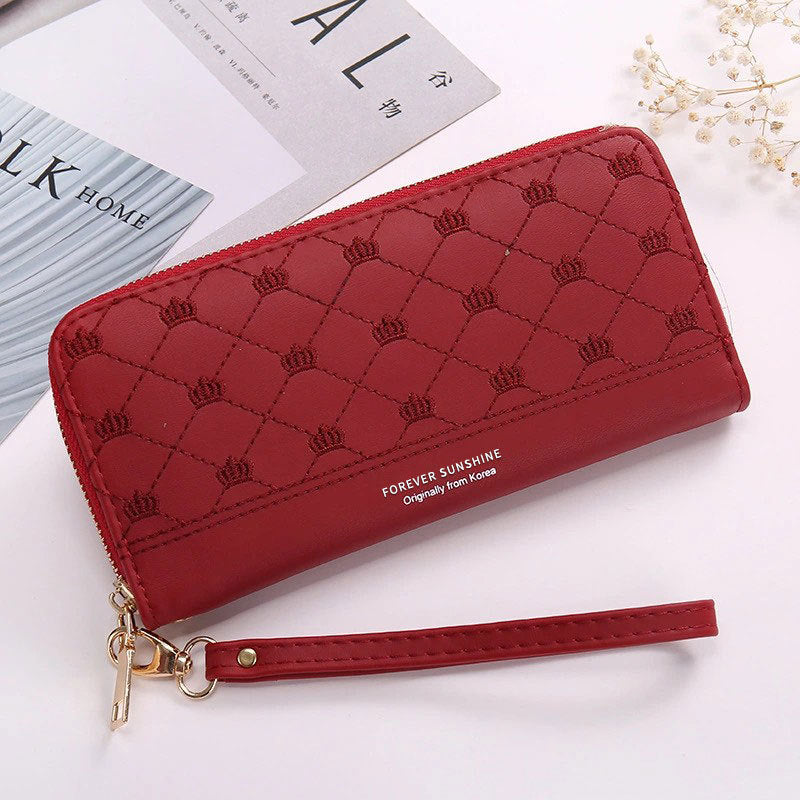 Long Crown Embroidery Women’s Single Zip Clutch Wallet