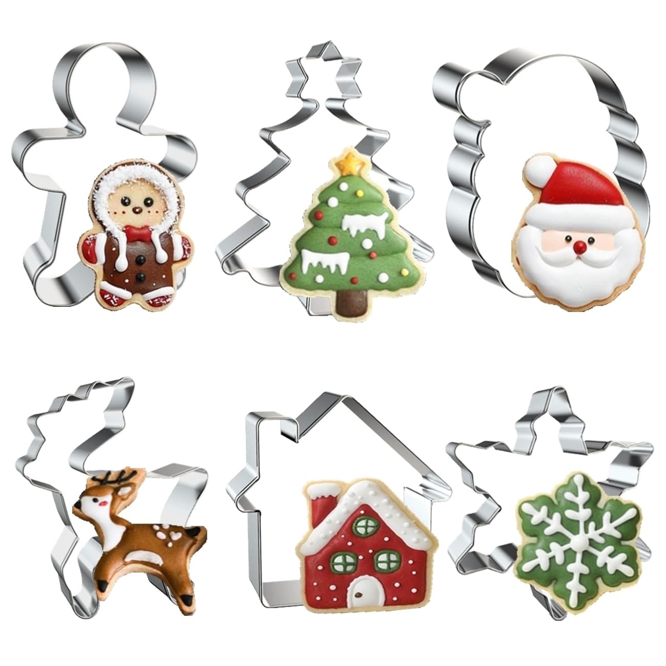 6 Pack Cookie Cutters - Christmas Cookie Cutters Holiday Cookie Cutters Christmas Baking Supplies Gingerbread Men Christmas Tree Christmas House Santa Face Snowflake Reindeer