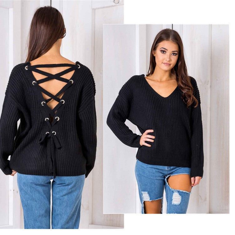 Fall Fashion Women’s Knit Sweater with Cross Back Design