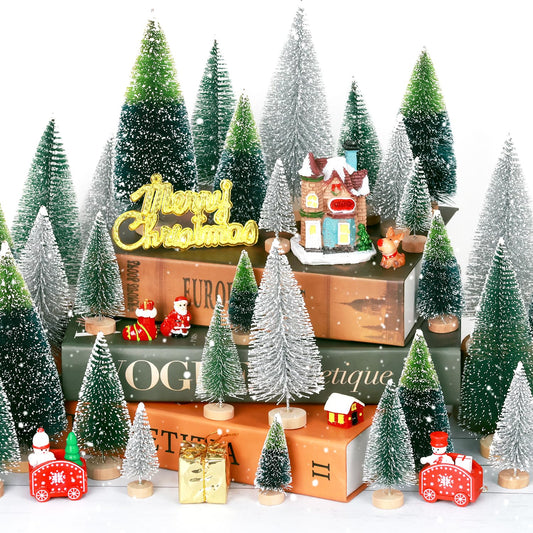 30Pcs Mini Christmas Tree Decor Artificial Christmas Tree 5 SizesMini Sisal Snow Frost Trees with Wooden Base for Christmas Decor Christmas Party Home Table Craft Decorations (B/Green/Silver)