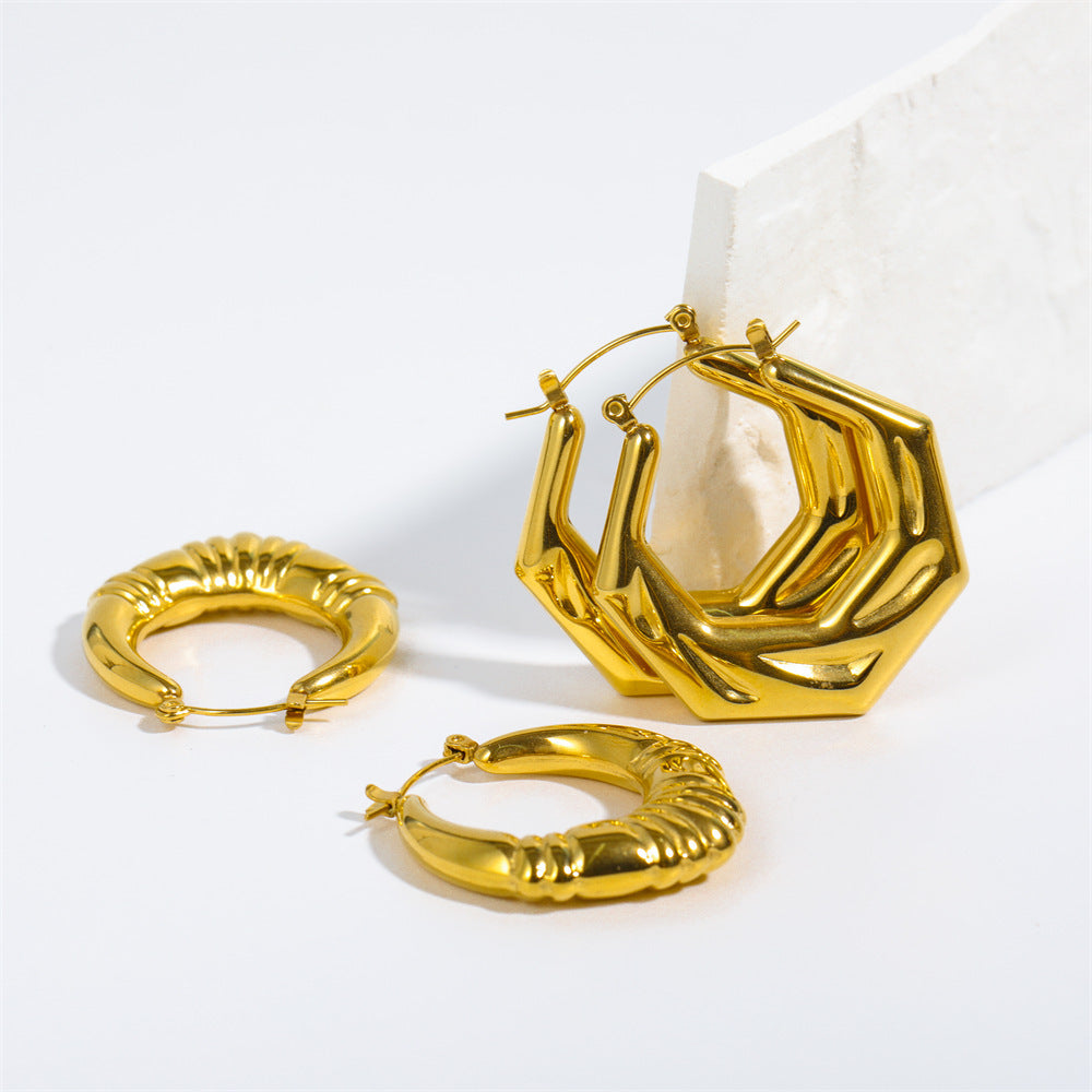 French Style Minimalist Bamboo Hoop Earrings in Titanium Steel