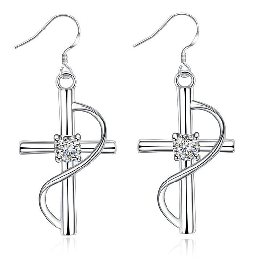 Cross Earrings with Diamonds, Long Drop Earrings