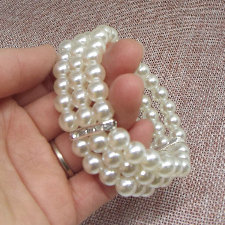 Fashion OL Three-Layer Rhinestone Pearl Bracelet