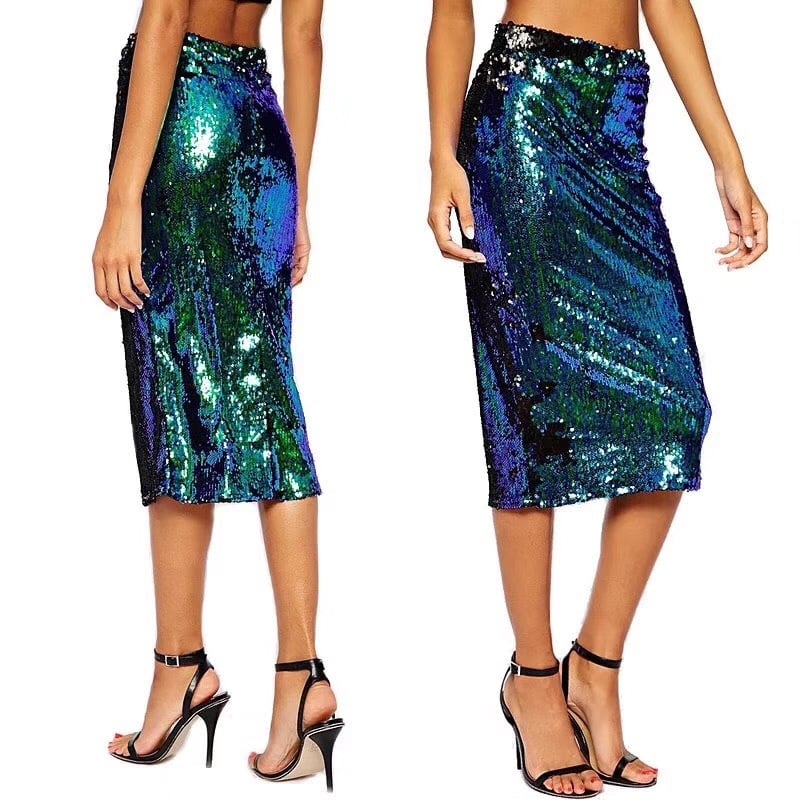 All-Matching Elastic Waist Women’s Sequined Mid Skirt